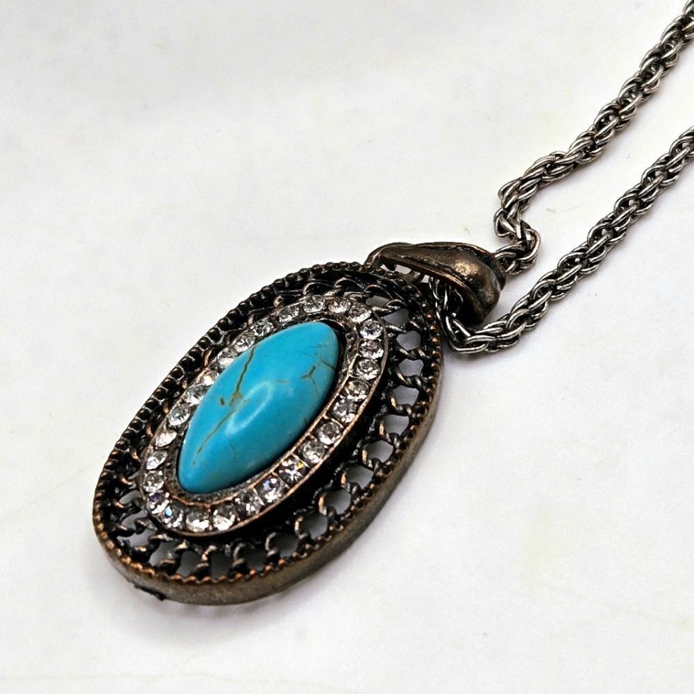 "5/$40" Silvertone Bronze Turquoise Rhinestone Southwestern Pendant Necklace